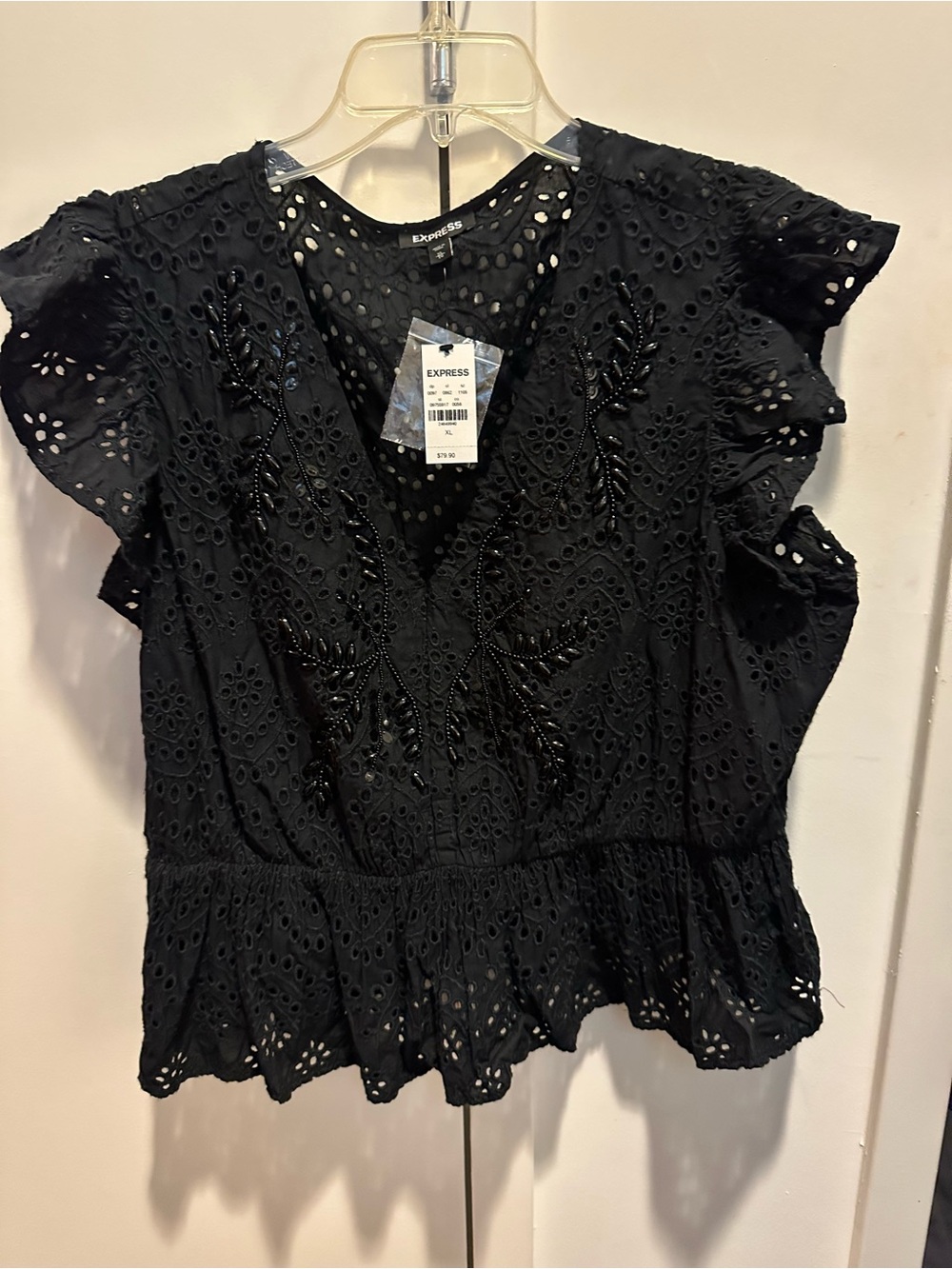 🆕 Express Black Eyelet Peplum V-Neck Top with Flutter Sleeves